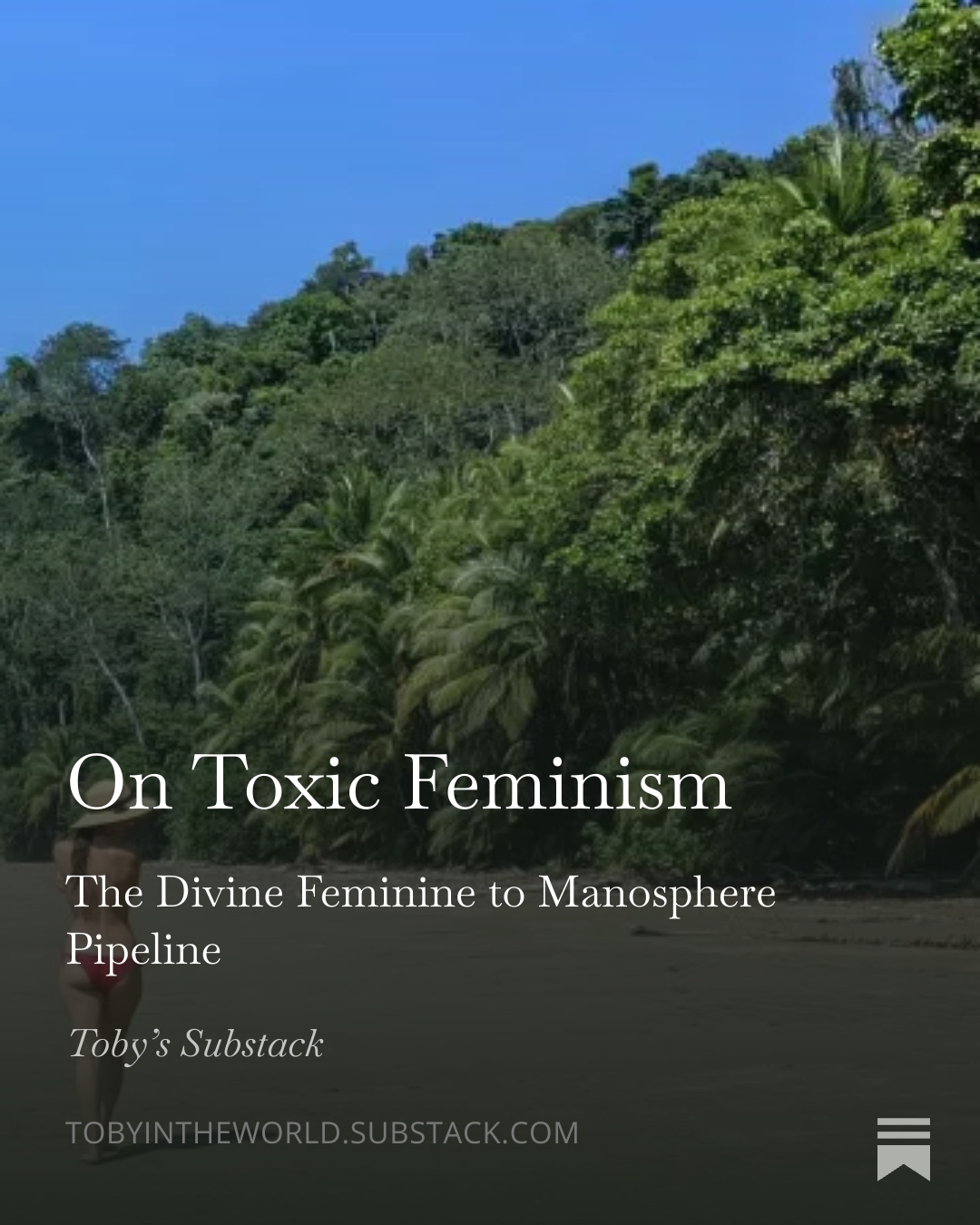 Substack promo u2014 On Toxic Feminism essay (beach jungle visual)